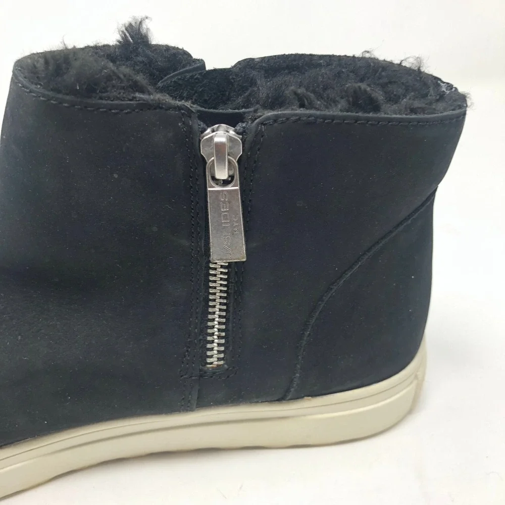 J Slides NYC Ankle Booties Womens 10 Black Leather Faux Fur Lined Side Zip